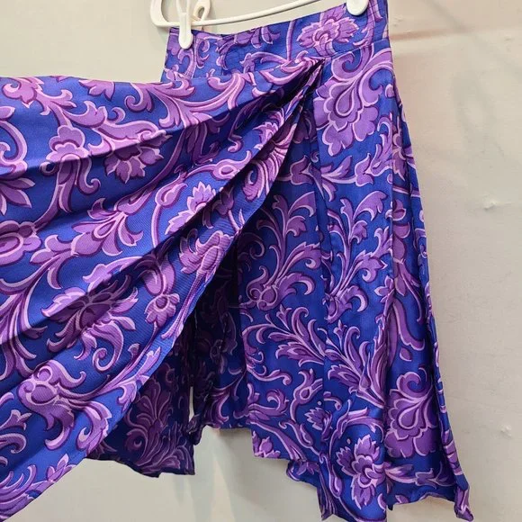 Versace Vintage Silk Skirt Pleated Mini Blue Purple Asymmetrical Hem Mini Italy - Picture 5 of 14